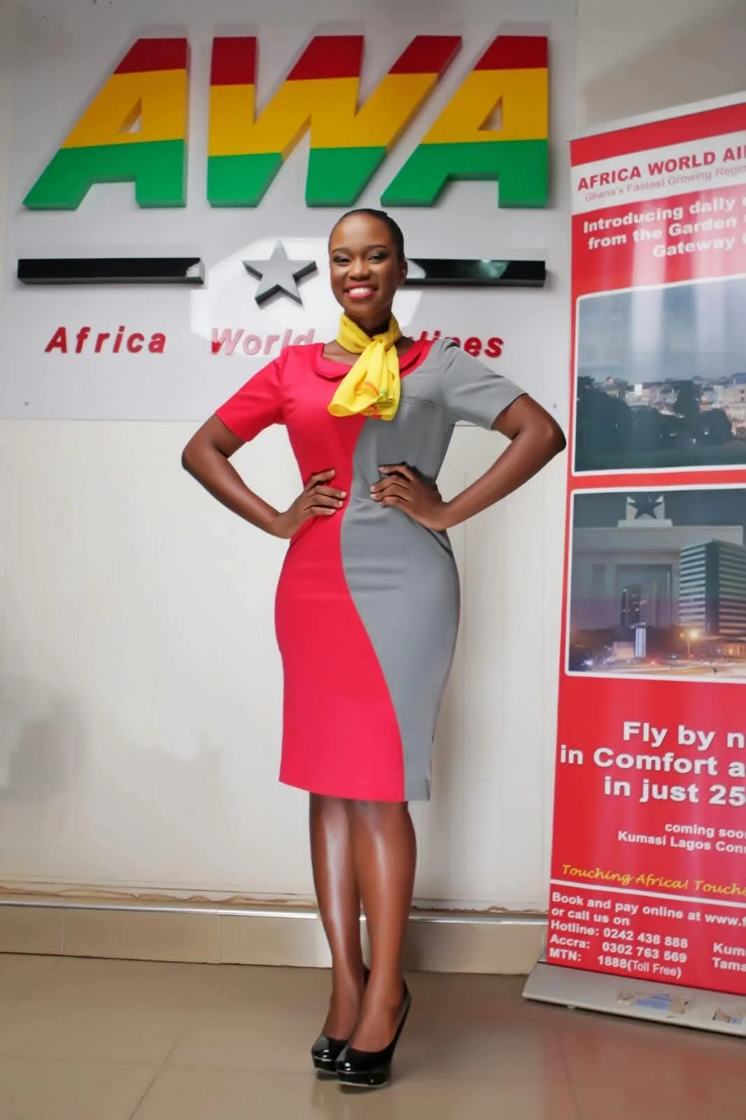 Africa World Airlines (AWA) official brand campaign with flight attendant in uniform